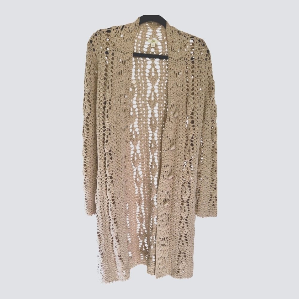 JJill Long Crocheted Cardigan with Covered Buttons Size Small